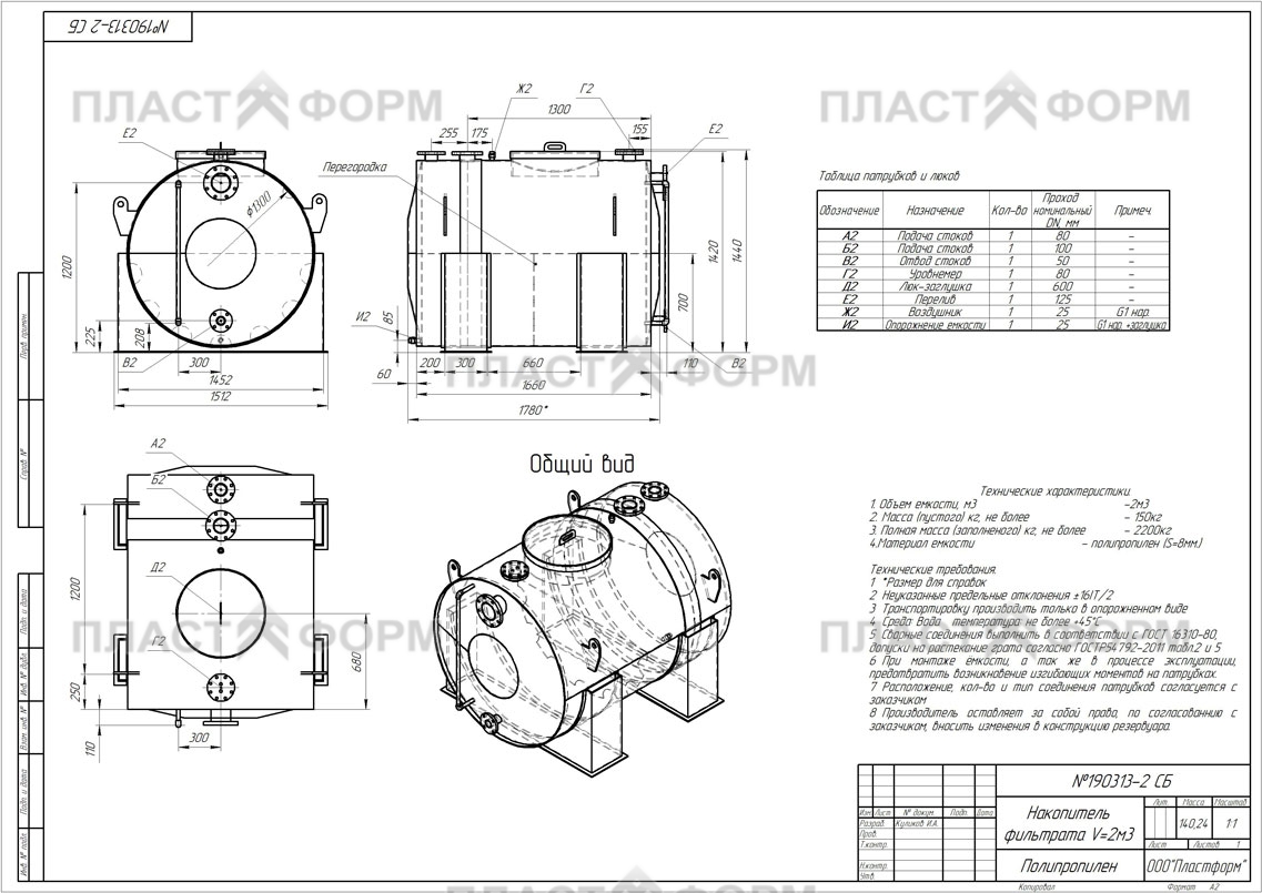 Горизонтальная емкость 2 м3