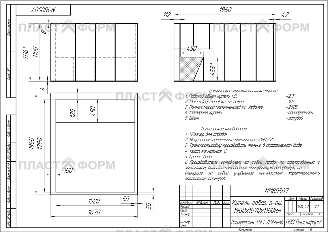 Чертеж купели с размерами